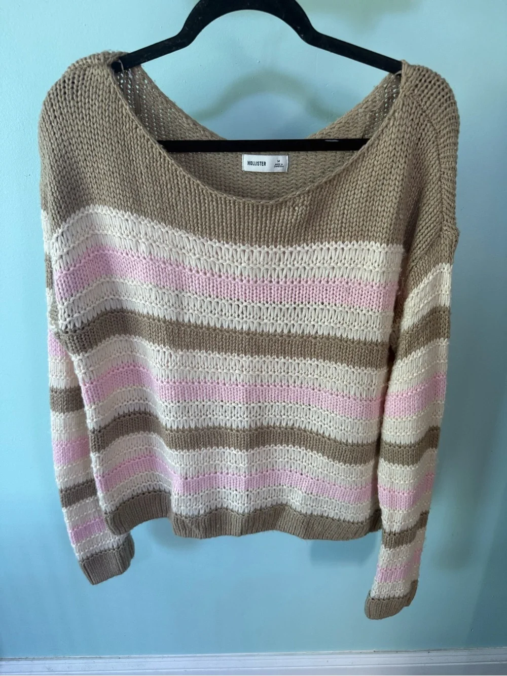 Hollister Striped Slouchy Off The Shoulder Knit Sweater in Beige, Pink & Cream